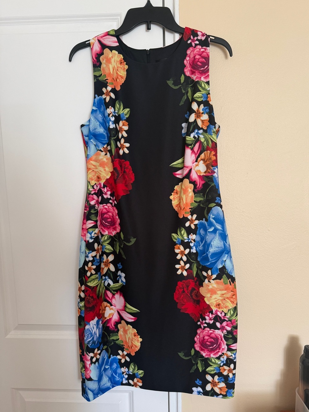 Jessica Howard Black Multicolor Floral Sheath Dress Sleeveless Knee Length 10